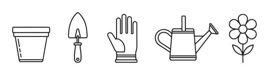 Obraz premium Black outline icons depicting gardening tools including a pot, trowel, glove, watering can, and flower, illustrating garden equipment and plant care essentials.