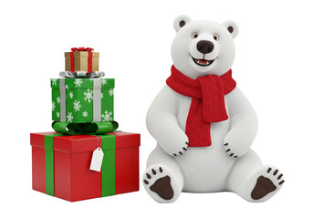 Cute Polar Bear Character in Red Scarf with Stack of Christmas Presents - Festive Holiday Celebration and Winter Cheer, Isolated on White