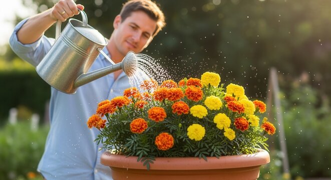 Man watering a pot of colorful marigold flowers in a sunny garden. Gardener tending to plants with a watering can. Summer hobby and horticulture concept