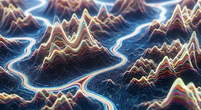 Abstract wireframe terrain with colorful glowing lines, topographic map concept