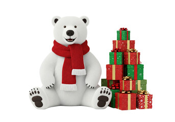 Joyful Polar Bear in Red Scarf with Festive Christmas Presents Stacked Like a Tree
