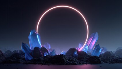 Luminous pink neon circle above glowing blue and purple crystals on dark terrain