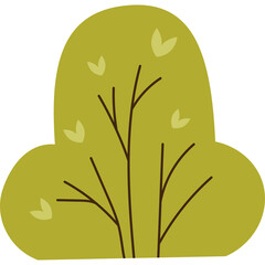 Stylized cartoon bush with thin brown branches and light green leaves on a transparent background representing nature and agriculture in a simple graphic design