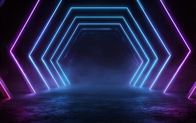 Neon hexagonal light tunnel glowing blue and purple, dark sci-fi corridor