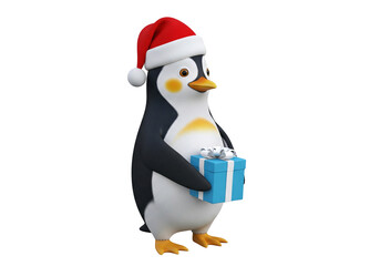 Festive 3D Cartoon Penguin in Santa Hat Holding a Blue Christmas Gift Box Isolated on White