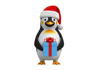 Adorable 3D Cartoon Penguin in Santa Hat Holding a Christmas Gift Box on White Background
