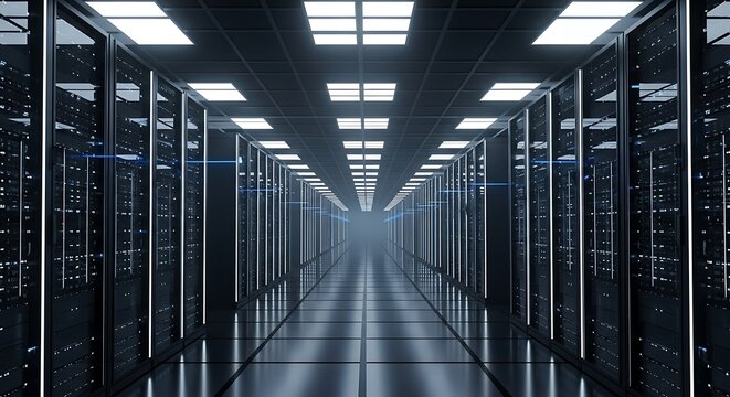 Long Dark Server Room with Rows of Rack Servers Computing Data Storage Center