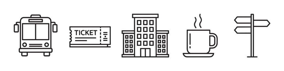 Obraz premium Black outline icons depicting a bus, a ticket, a building, a steaming cup, and a directional sign, representing travel and navigation themes.