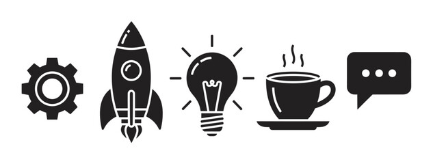Black silhouette icons of a gear, rocket, light bulb, coffee cup, and speech bubble, representing innovation and communication.