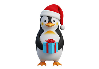 Cheerful 3D Cartoon Penguin in Santa Hat Holding a Christmas Gift Box - Isolated on White Background