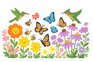 Pollinator Meadow Harmony. Pollinator meadow with bees, butterflies, and hummingbirds working together among smiling blossoms No
