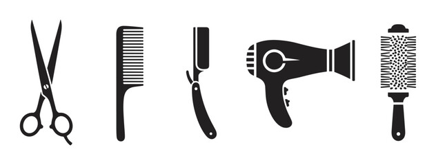Black silhouette icons of five hair styling tools including scissors, comb, straight razor, hair dryer, and round brush.