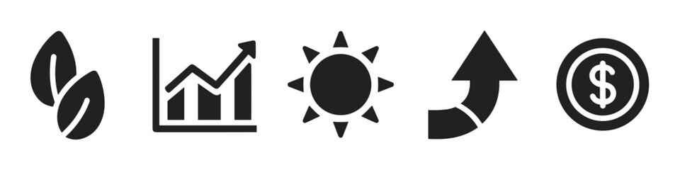 Obraz premium Black icons of coffee beans, ascending graph, sun, upward arrow, and dollar coin in a sequence.
