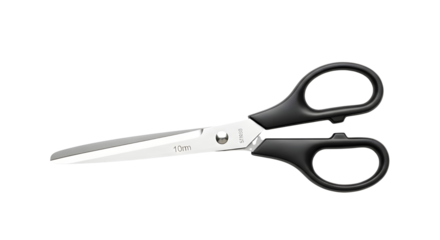 Open Stainless Steel Scissors with Black Plastic Handles Isolated on White Background