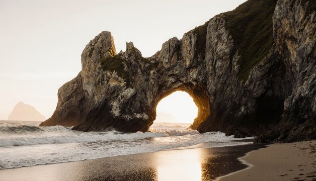 Majestic sunset through natural arch by the ocean on a serene beach Generative AI - Powered by Adobe
