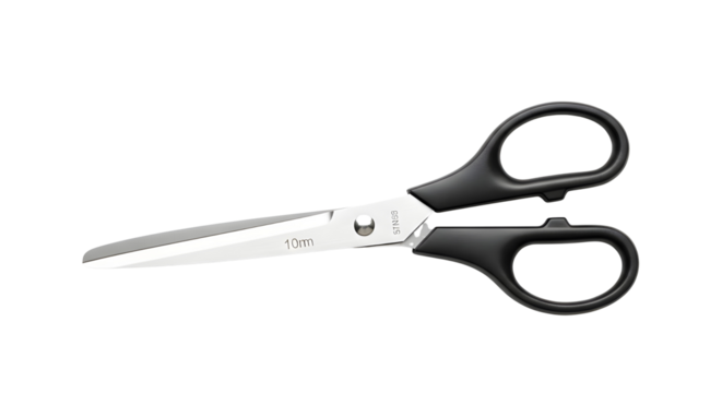 Open Stainless Steel Scissors with Black Plastic Handles Isolated on White Background