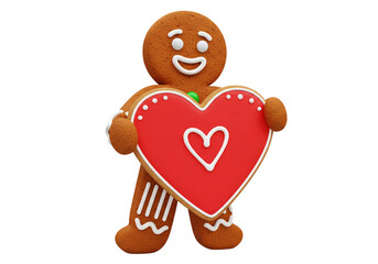 Cute Smiling Gingerbread Man Holding a Red Heart Cookie - Festive Sweetness and Love