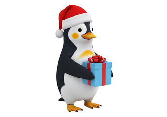 Cute 3D Cartoon Penguin in Santa Hat Holding a Christmas Gift Box