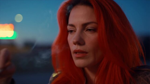 Intense woman with fiery red hair pauses with cigarette in hand at dusk, contemplating life's next chapter with quiet strength and rebellious spirit, urban night scene