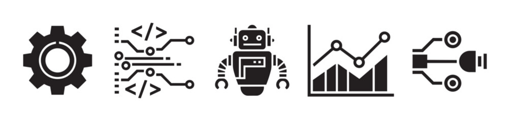 Black icons depicting a gear, coding symbol, robot, bar graph with line chart, and circuit connection, representing technology and data concepts.