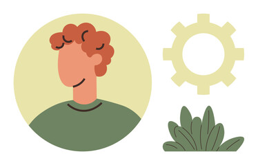 Abstract person with curly hair in a circle, green foliage, and a gear. Ideal for teamwork, creativity, self-development, balance, nature connection, career growth simple flat metaphor