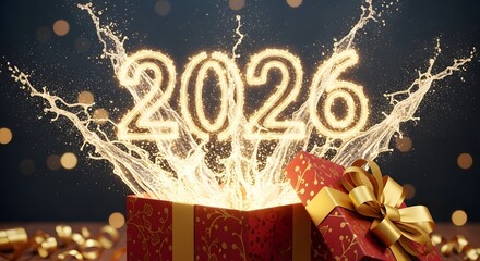 New year 2026 celebration with gift box sparkles and festive lights