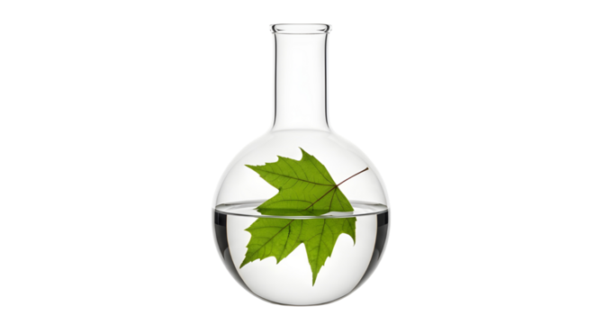 Green Maple Leaf Suspended in Water Inside a Clear Laboratory Flask Isolated on White