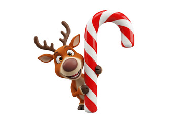 Cute Cartoon Reindeer Peeking with a Giant Candy Cane - Festive Christmas Holiday Character Illustration