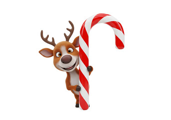 Smiling Cartoon Reindeer Peeking from Behind Festive Candy Cane