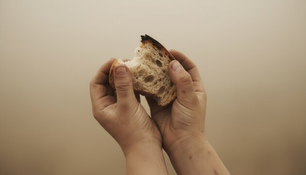 A child's dirty hands holding a piece of bread against a plain background. A conceptual image of poverty, hunger, and the need for charity and humanitarian aid