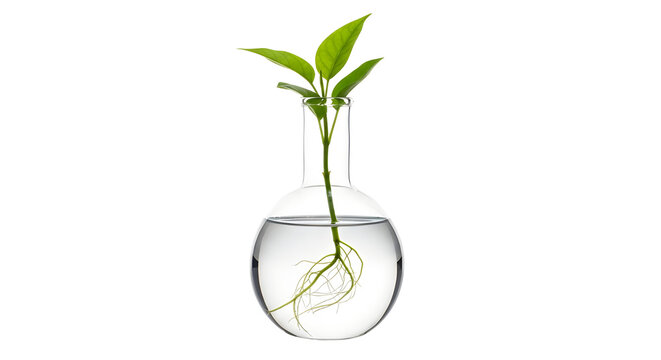 Green plant sprout with visible root system in a clear glass science flask isolated on white background.