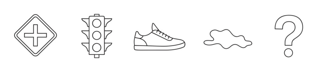 Obraz premium Simple black outline icons of a crossroad sign, traffic light, sneaker, puddle, and question mark, representing various concepts.