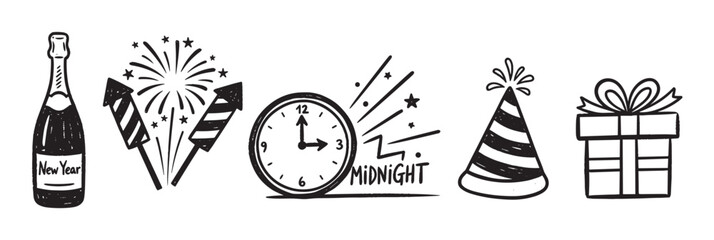 Hand-drawn new year elements including a champagne bottle, fireworks, a clock striking midnight, a party hat, and a wrapped gift.