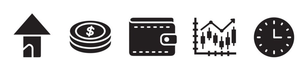 Fototapeta premium Black and white icons depicting a house with an arrow, stacked coins with a dollar symbol, a wallet, a line graph with candlesticks, and a clock.