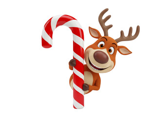 Cute Cartoon Reindeer Peeking from Behind Candy Cane - Festive Christmas Character Isolated on White