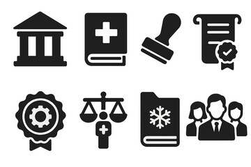 Cryo-Legal Icon Set. Solid style icons of cryo-legal infrastructure: government regulation icon, medical codebook, court approval
