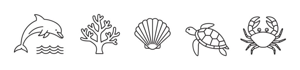 Black outline vector icons of a dolphin, coral, seashell, turtle, and crab, representing marine life in a simple and minimal style.