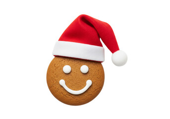 Happy Gingerbread Cookie Wearing a Santa Hat on White Background