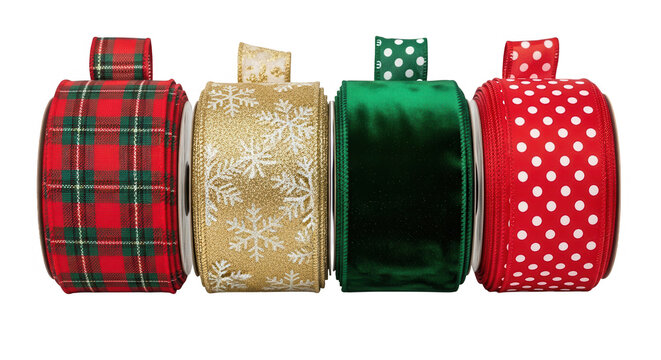 Four rolls of festive ribbon including plaid, glitter, velvet, and polka dot isolated on transparent background
