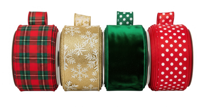 Four rolls of festive ribbon including plaid, glitter, velvet, and polka dot isolated on transparent background