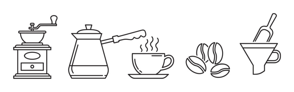 Black outline vector icons of a manual coffee grinder, a cezve, a steaming coffee cup, coffee beans, and a funnel. minimal linear illustration for coffee making concepts. - Powered by Adobe