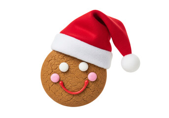 Smiling Gingerbread Cookie with Santa Hat Isolated on White Background - Festive Christmas Holiday Treat
