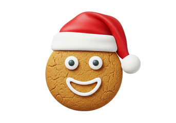 Smiling Gingerbread Cookie Emoji in Santa Hat - Festive Christmas Holiday Treat Isolated on White