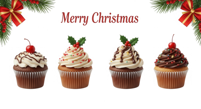 Four delicious christmas cupcakes with festive decorations and toppings isolated on transparent background
