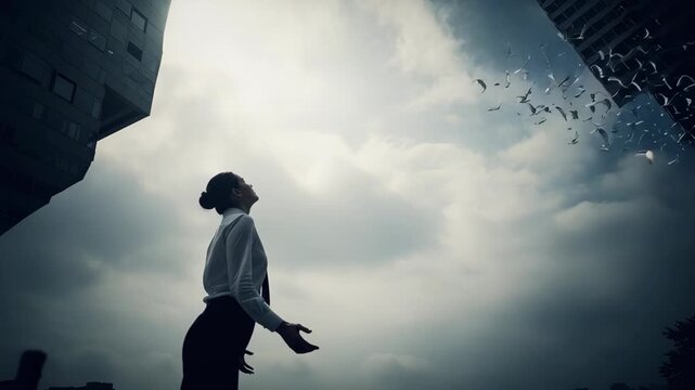 Woman gazes at building transforming into flock of birds in dynamic sky, symbolizing freedom and new beginnings, perfect for inspiring business concepts