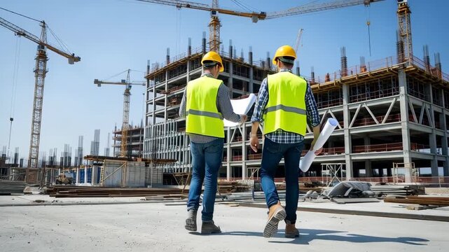 Dynamic construction site inspection with engineers reviewing blueprints, modern building project, infrastructure progress, engineering expertise shown