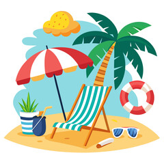 Tropical beach scene with lounge chair and palm tree