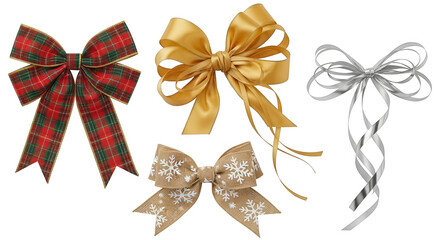 Assortment of decorative christmas bows in various styles and colors isolated on transparent background