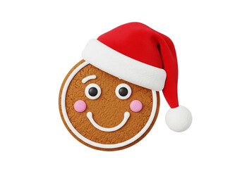 Festive Gingerbread Cookie Face with Santa Hat Isolated on White Background