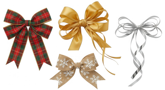 Assortment of decorative christmas bows in various styles and colors isolated on transparent background